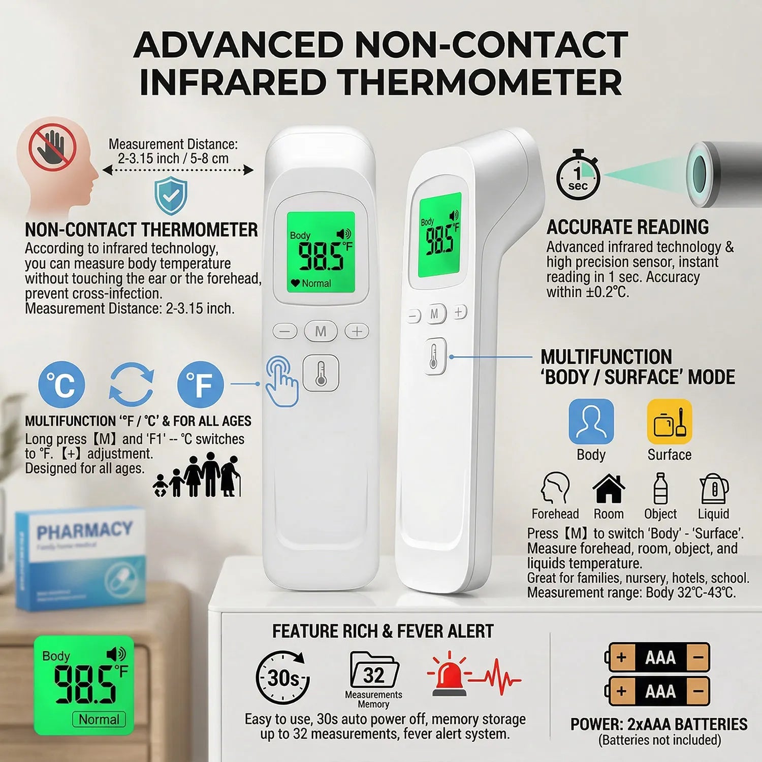 Digital Non-Contact Thermometer Infrared Thermometer Forehead Ear Medical Termometro Body Fever Baby/Adult Temperature