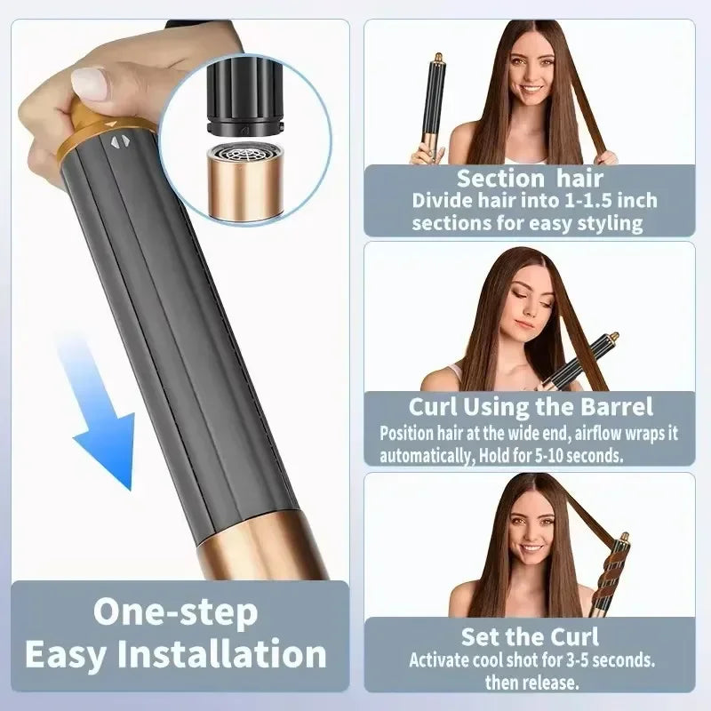 SenCiciMen 6-in-1 gold and black hot air hair styler with curling barrel attachment and step-by-step styling guide.