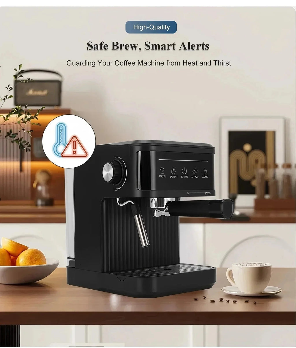 Black espresso coffee machine with digital interface, steam wand, and safety heat alert icon in a modern kitchen.