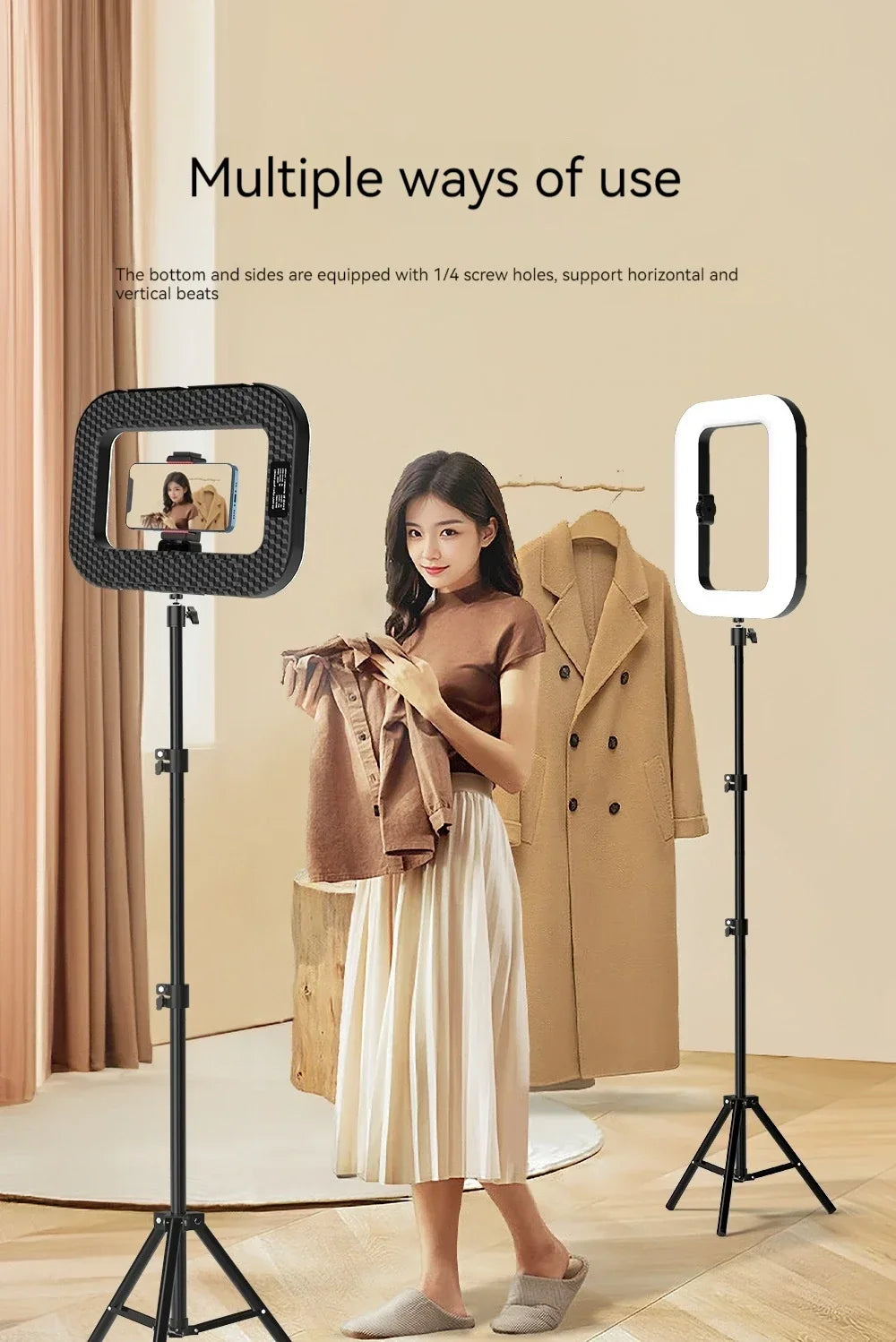 Rectangular LED ring light with phone mount on a tripod stand, used for adjustable portrait and video lighting.