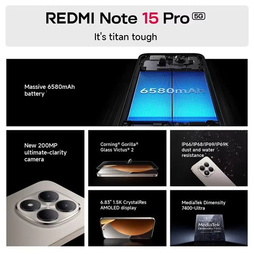 Global Version Redmi Note 15 Pro 5G Dimensity 7400-Ultra Smartphone 6580mAh 45W Battery 200MP OIS Main Camera Xiaomi Cellphone