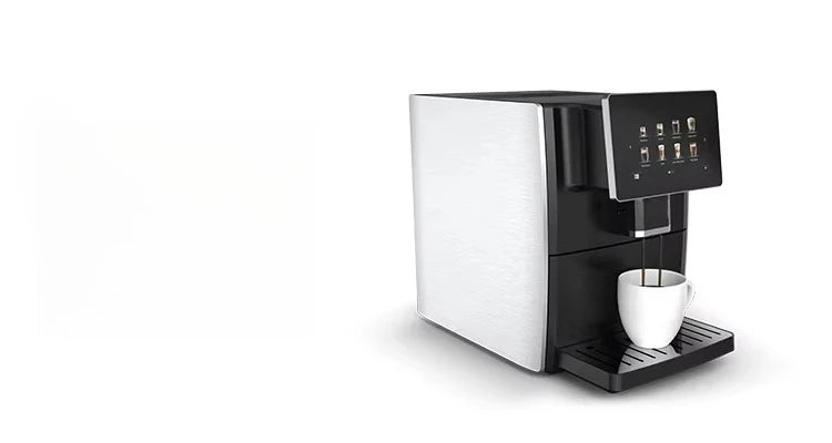 Silver and black automatic espresso coffee machine with touchscreen display and ceramic white cup on a white background.