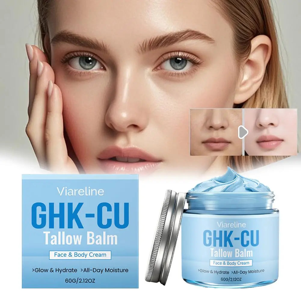 Natural GHK-CU Copper Peptide Tallow Balm Blue Cream - Brighten Hydrating Face & Body Moisturizer, for Dry Sensitive Mature Skin