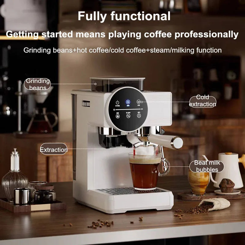 White professional espresso machine with integrated grinder, touch display, and milk frothing wand for home coffee.