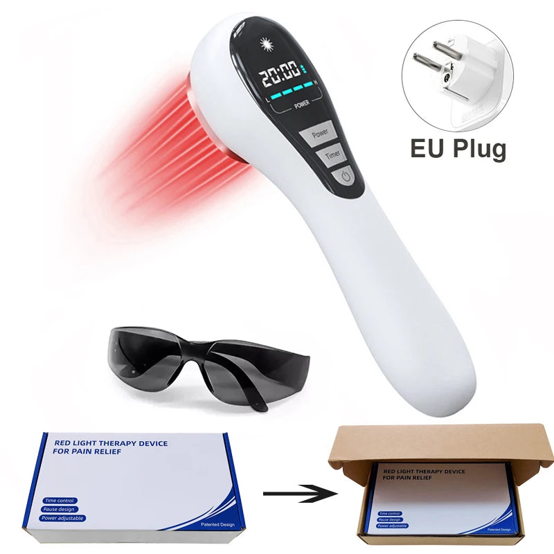 Handheld red light therapy device for pain relief with LCD timer, goggles, and EU plug for home arthritis treatment.