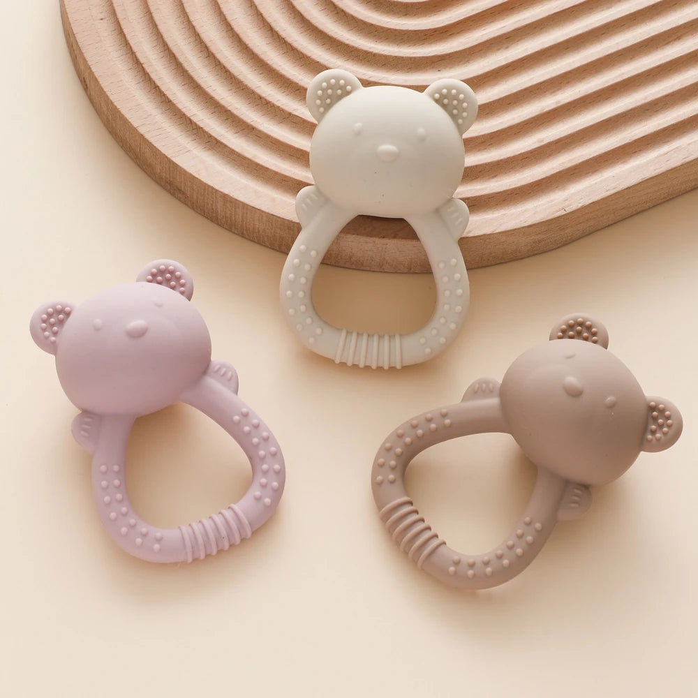 Baby Silicone Teether Bear Hand Bell Food Grade Teether Toys Rattle Baby 0-12 Months Silicone Sensory Toys Silicone Teething Toy