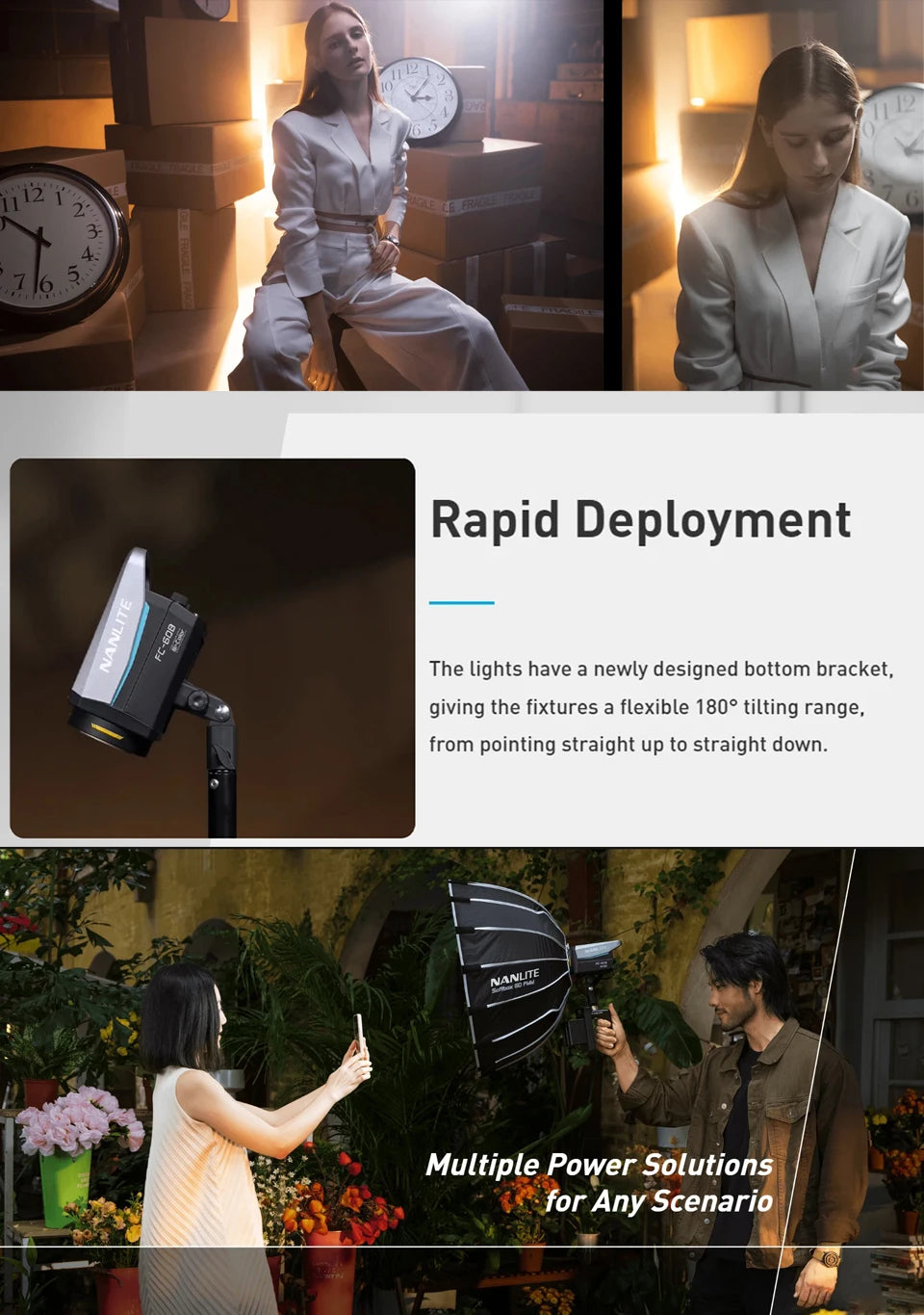 FC-60B LED spotlight with a 180-degree tilting mount, shown in a studio setting with a large parabolic softbox.