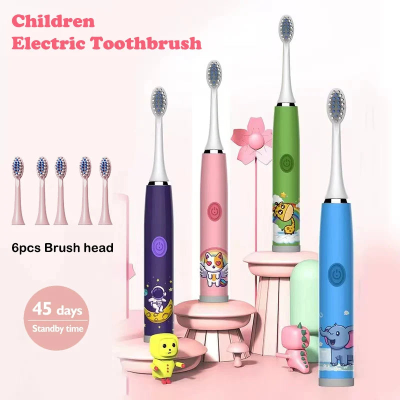USB Sonic Child Electric Toothbrush Rechargeable Colorful Cartoon Brush Kids Automatic IPX7 Waterproof With Replacement Heads