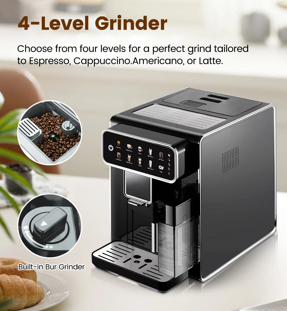 Black automatic espresso machine with 4-level built-in bur grinder and touchscreen display for lattes and cappuccinos.