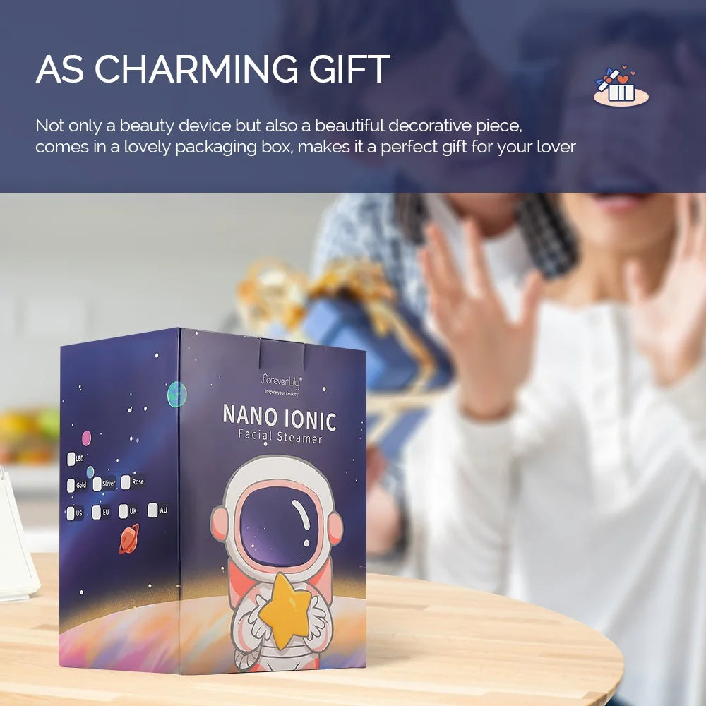 Nano ionic facial steamer gift box with space astronaut design for skin brightening, pore cleaning, and light therapy.