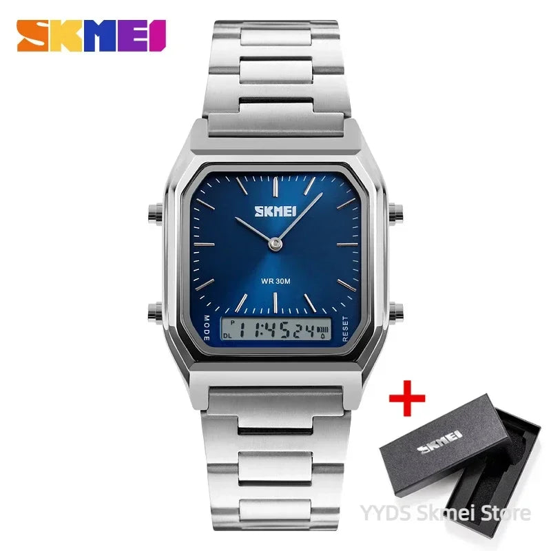 Tidesmit SKMEI men's watch with blue rectangular dial, analog-digital display, and silver stainless steel link band.