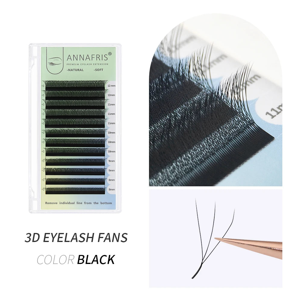 Black 3D eyelash extension fans in a storage tray, featuring soft, tapered synthetic lashes for professional volume.