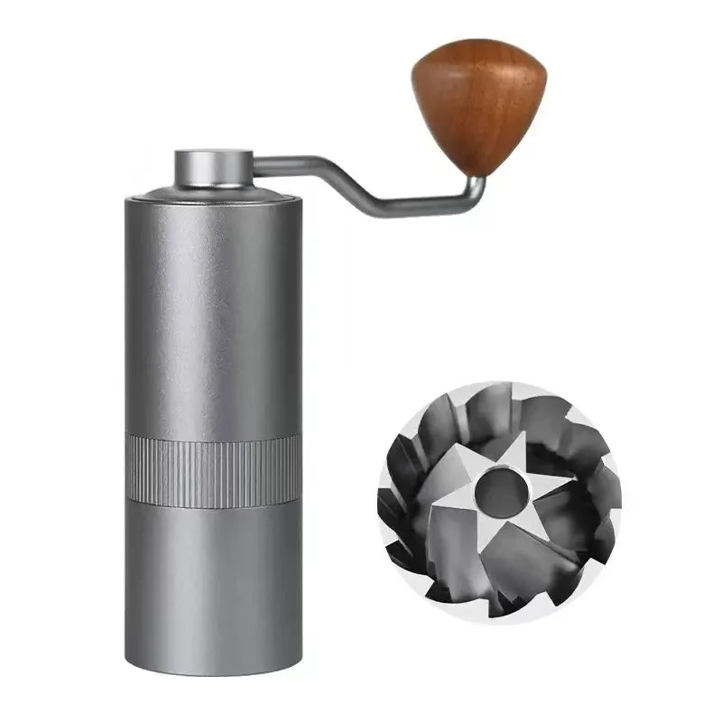 Manual coffee grinder in metallic grey aluminum with a wooden handle knob and stainless steel burr mechanism.