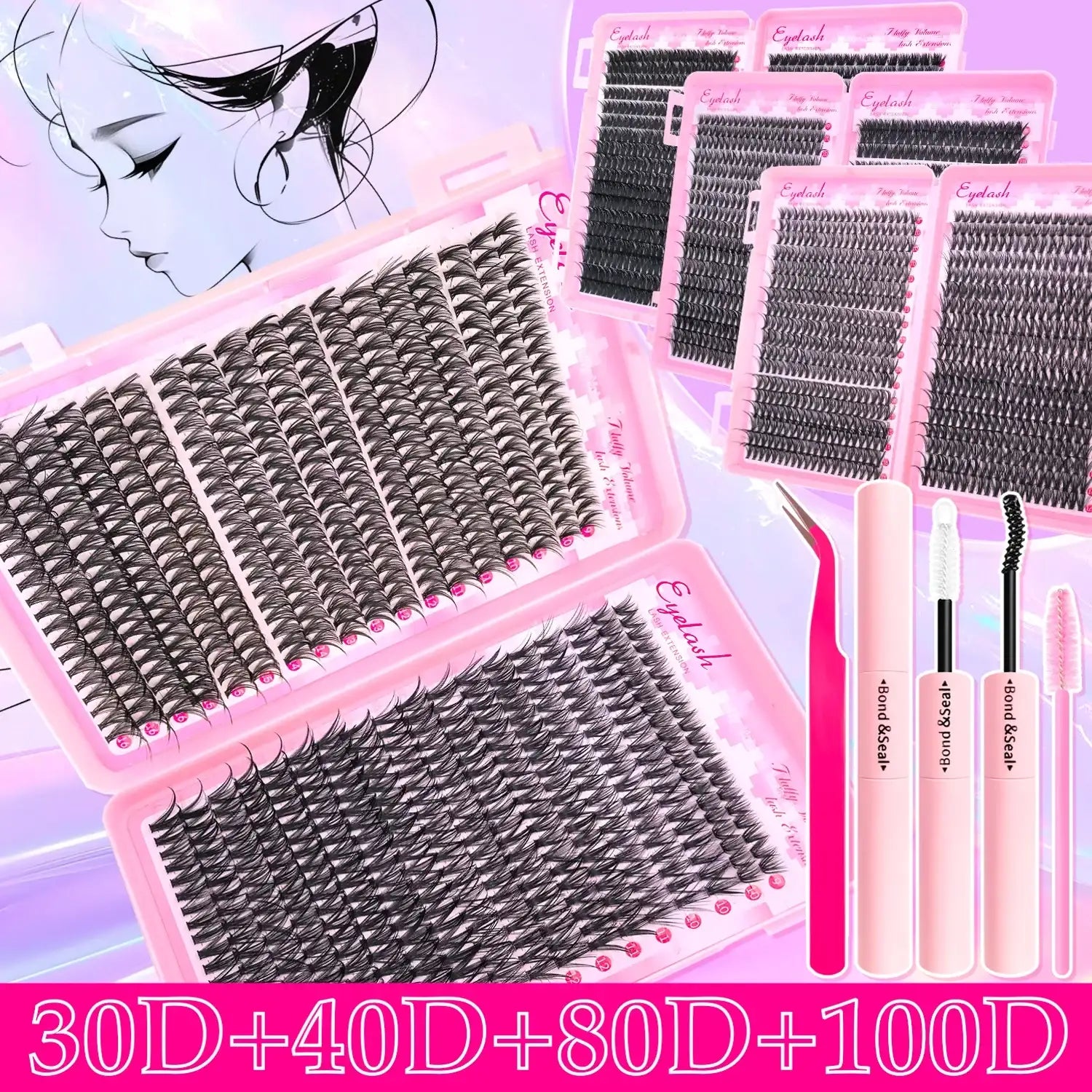 720/200pcs eyelash Extension Kit Fluffy Eyelash Extension kit with Lash Bond and Seal Lash Tweezers Thick Lash Clusters