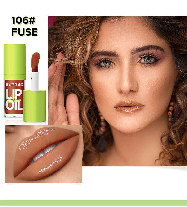 Beauty Glazed 106 Fuse moisturizing nude lip oil with a lustrous, pearlescent finish for glossy, hydrated lips.