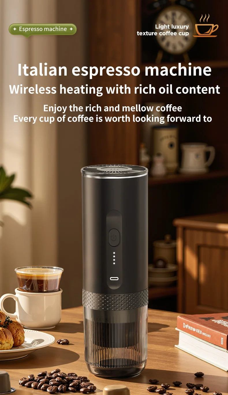 Portable black wireless Italian espresso maker with a transparent base, placed on a wooden table with coffee beans.
