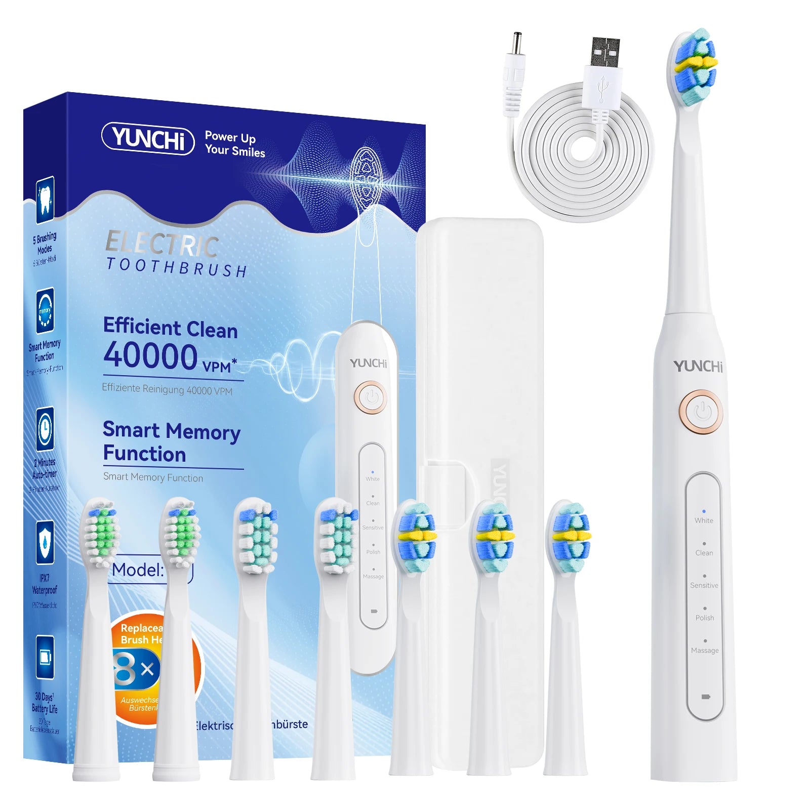 YUNCHi Y5 Sonic Electric Toothbrush Adult Timer Brush USB Rechargeable Electronic Tooth Brush Heads Replacement