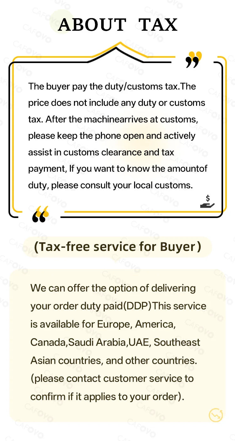 CAFOVO coffee maker tax and customs information notice explaining duty payments and tax-free delivery options.