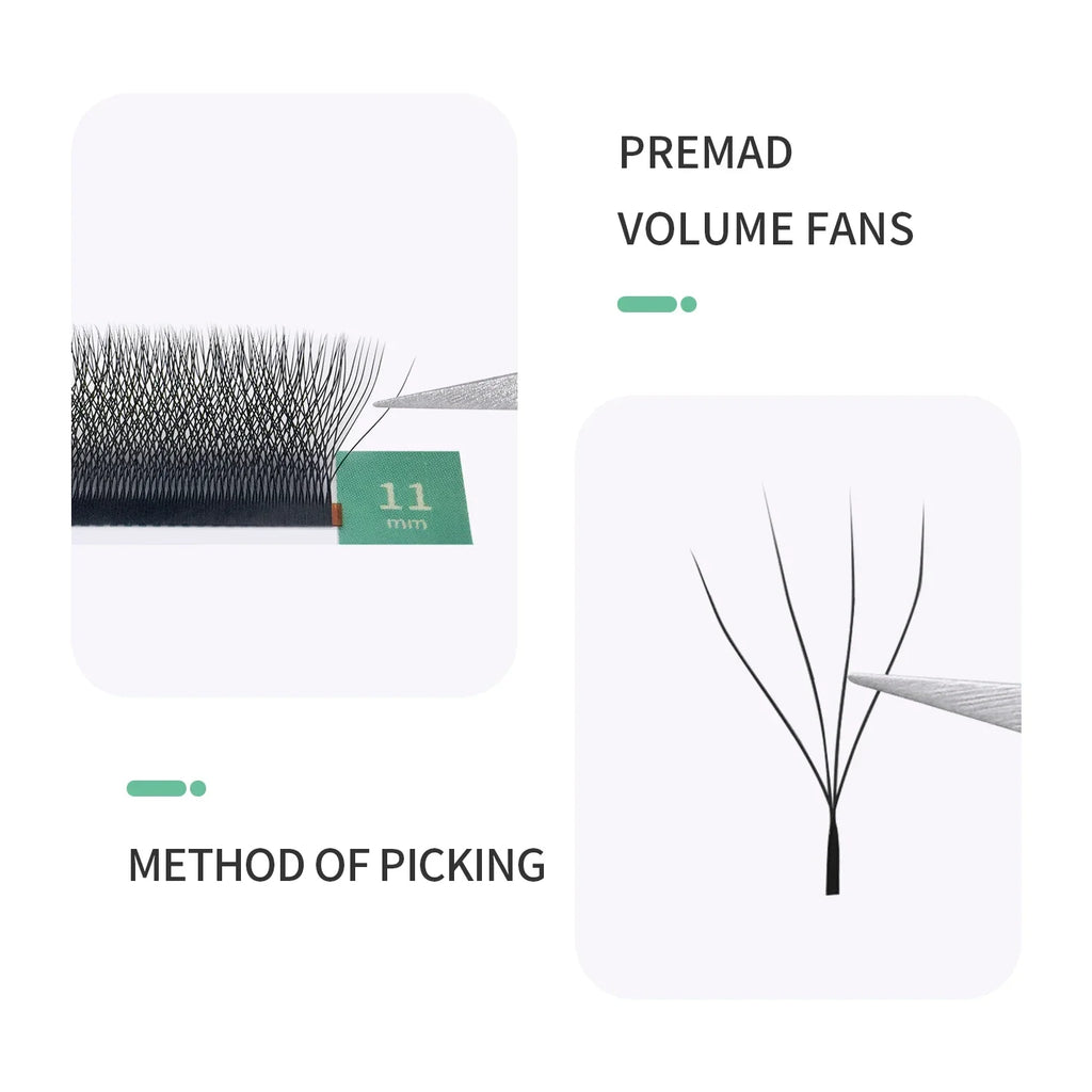Black 11mm premade volume eyelash extension fans on a strip with tweezers showing the correct picking method.