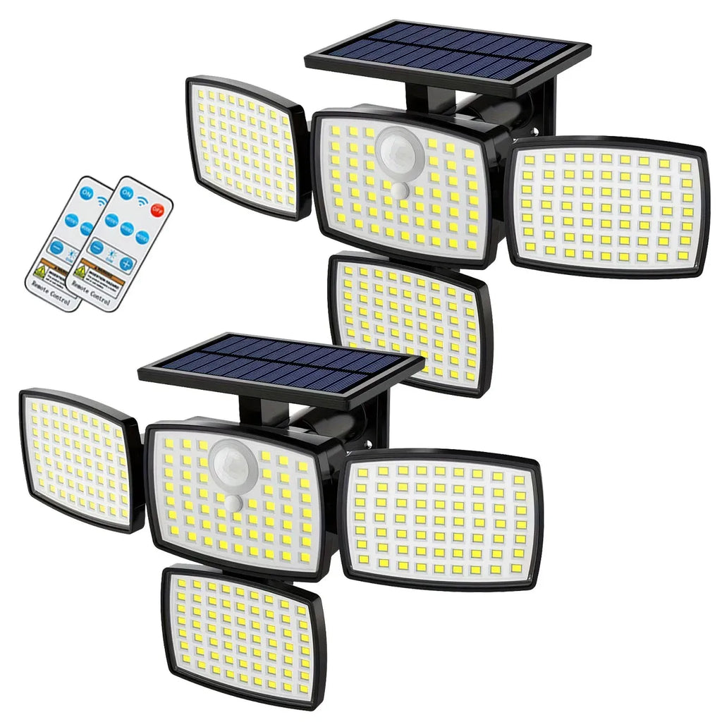 Two-pack solar security wall lamps with four LED heads and a solar panel