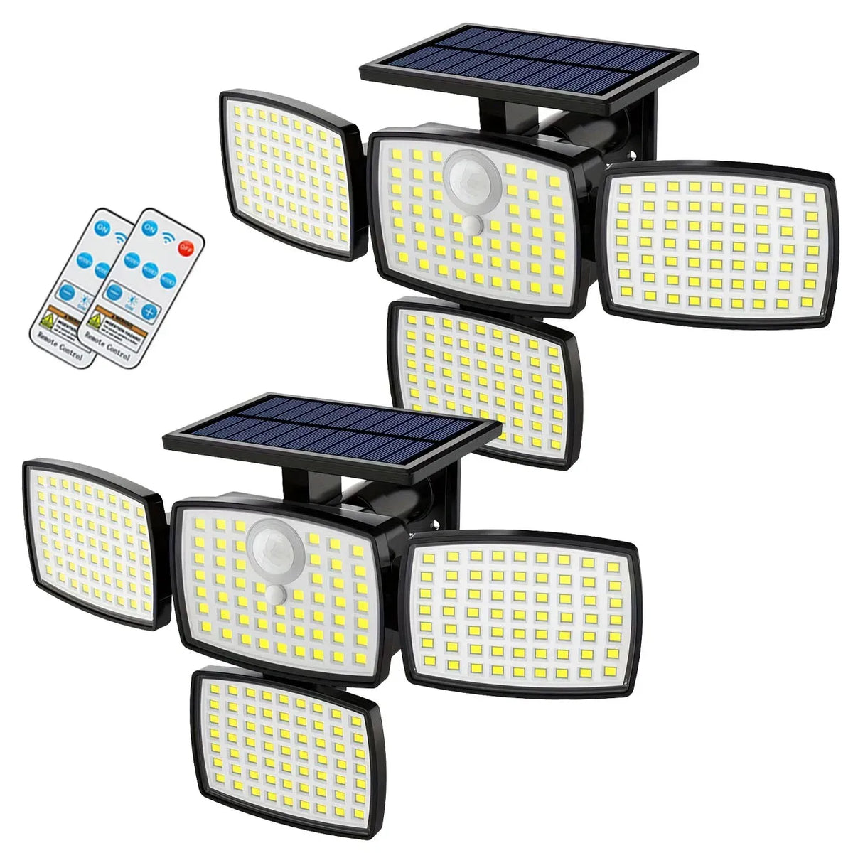 Two-pack solar security wall lamps with four LED heads and a solar panel