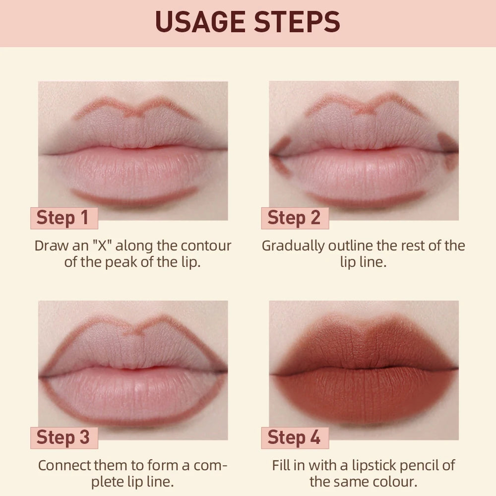 QIBEST matte velvet lip liner and lipstick pencil usage guide showing 4 steps for achieving a perfect red contoured lip.