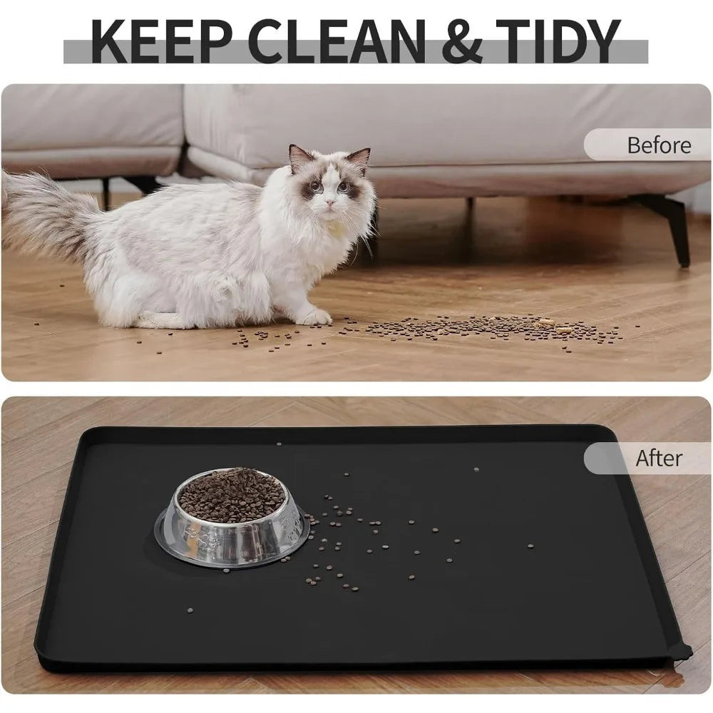 Black waterproof silicone pet feeding mat with raised edges to keep floors clean from messy dog or cat food spills.