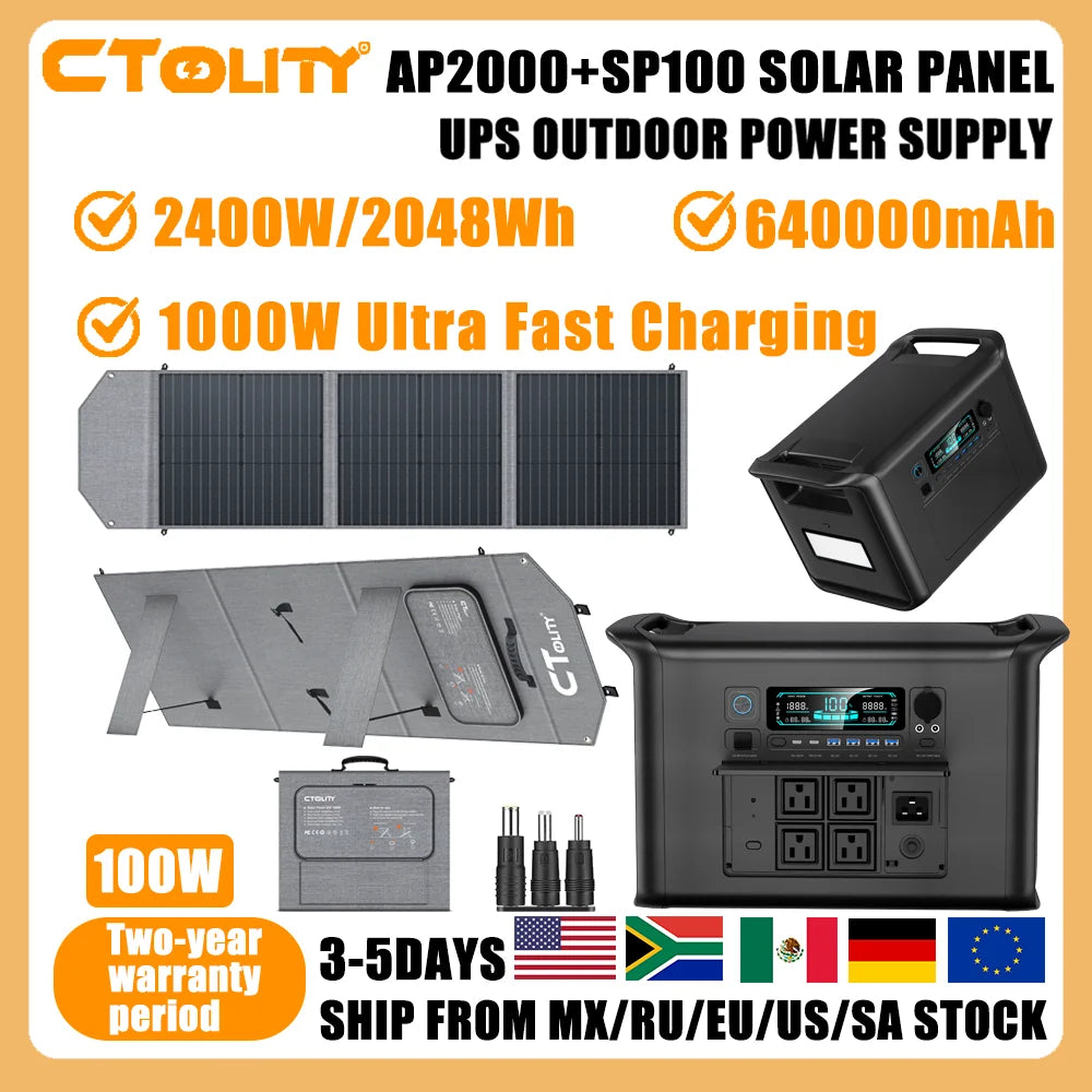 CTOLITY Outdoor Camping AP2000 2400W Fast Charging Portable Power Station SP100 100W Foldable Portable Solar Panel For Home