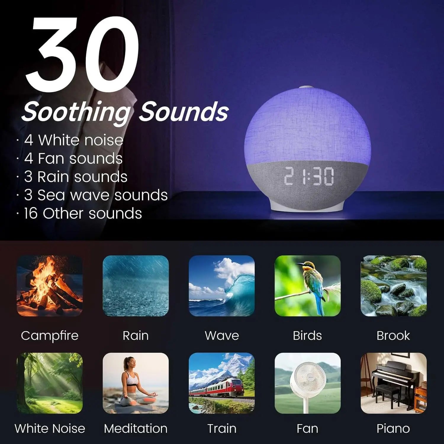 Sunrise Alarm Clock White Noise Sound Machine Wake Up Light 30 Sleep Sounds Bluetooth Speaker Night Light for Bedroom Ideal Gift