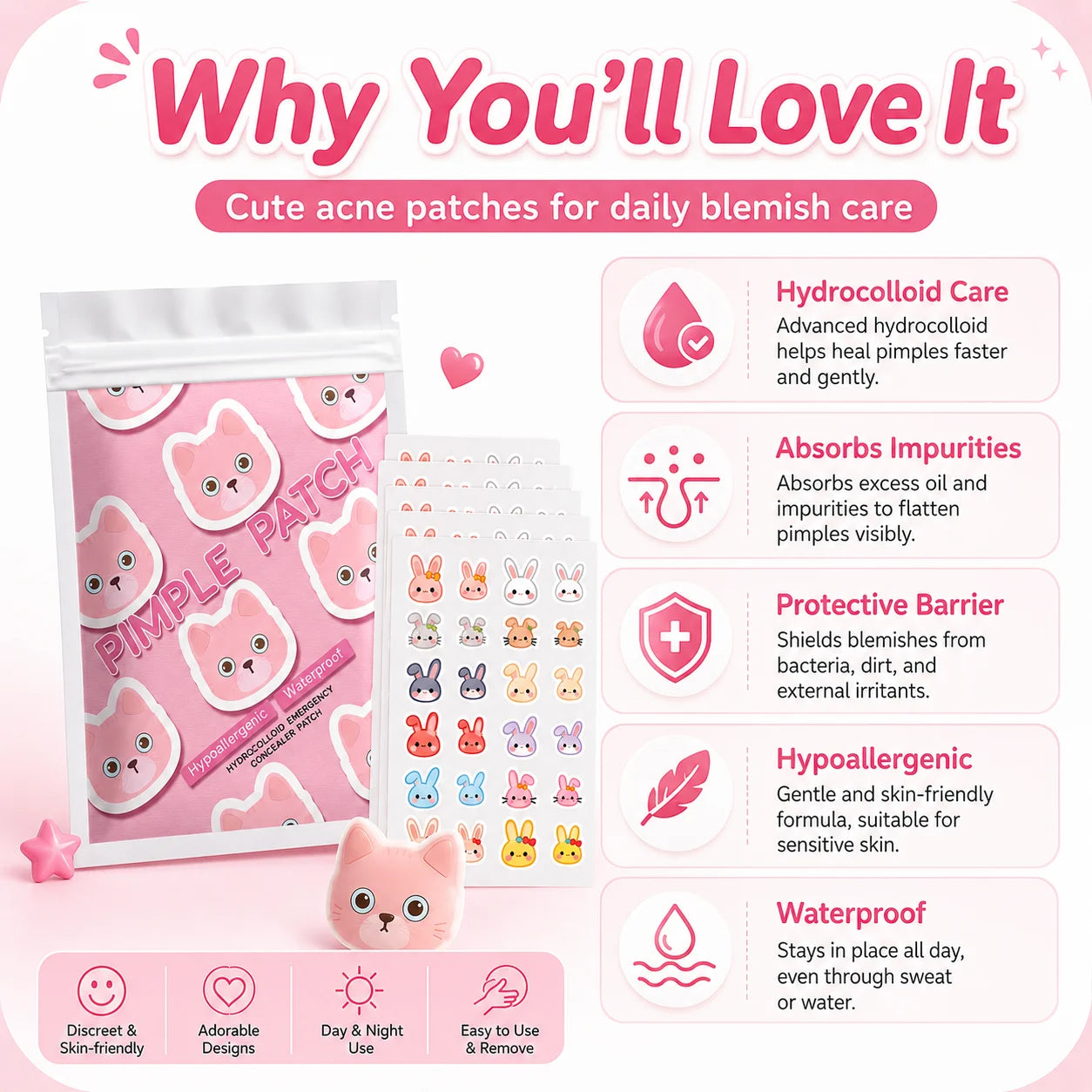 120pcs Cartoon acne patch, cute cat-shaped facial concealer acne patch, safe, non-toxic, gentle and non-irritating, suitable for