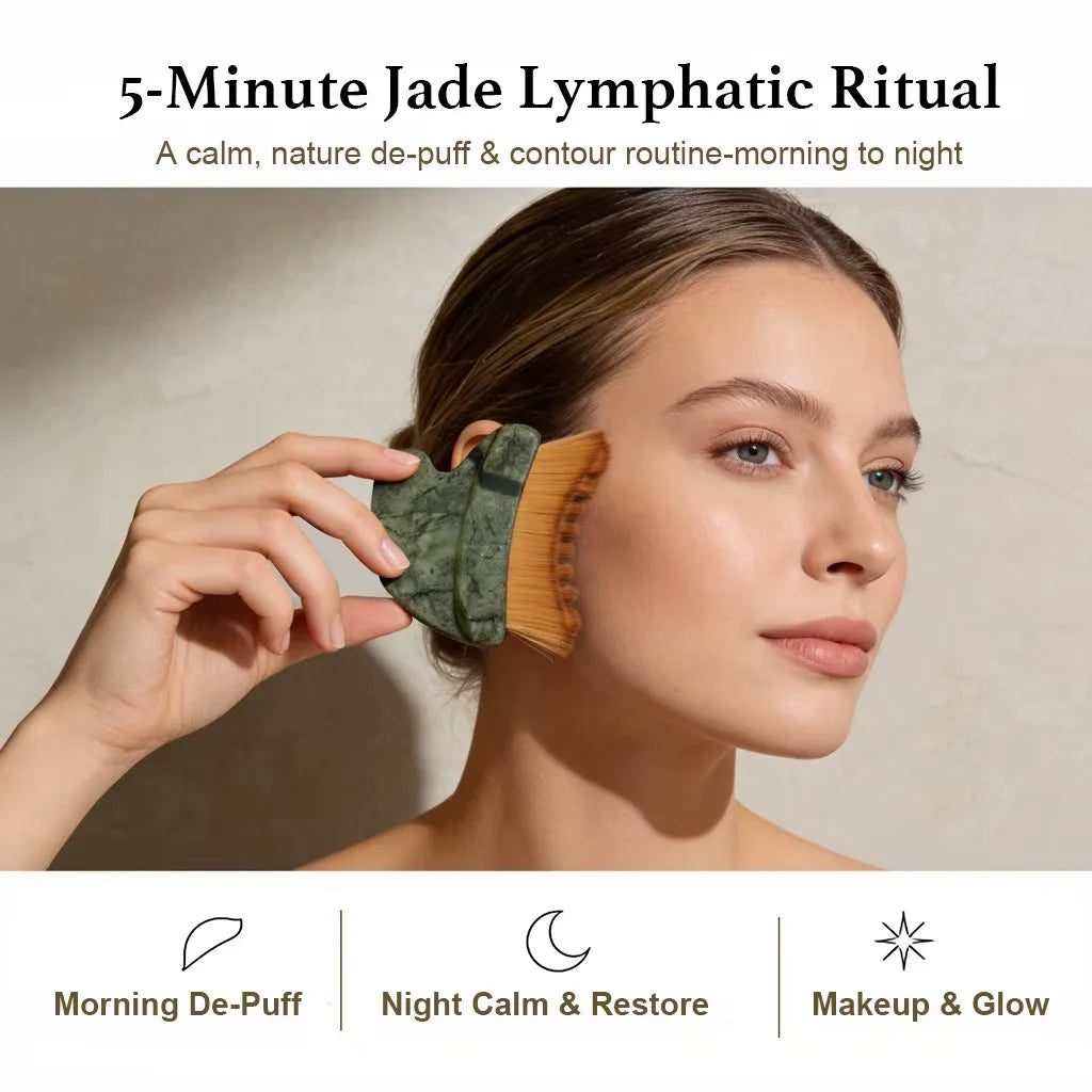 A person uses a green marble Gua Sha tool with soft brown bristles on their cheek to contour and de-puff.