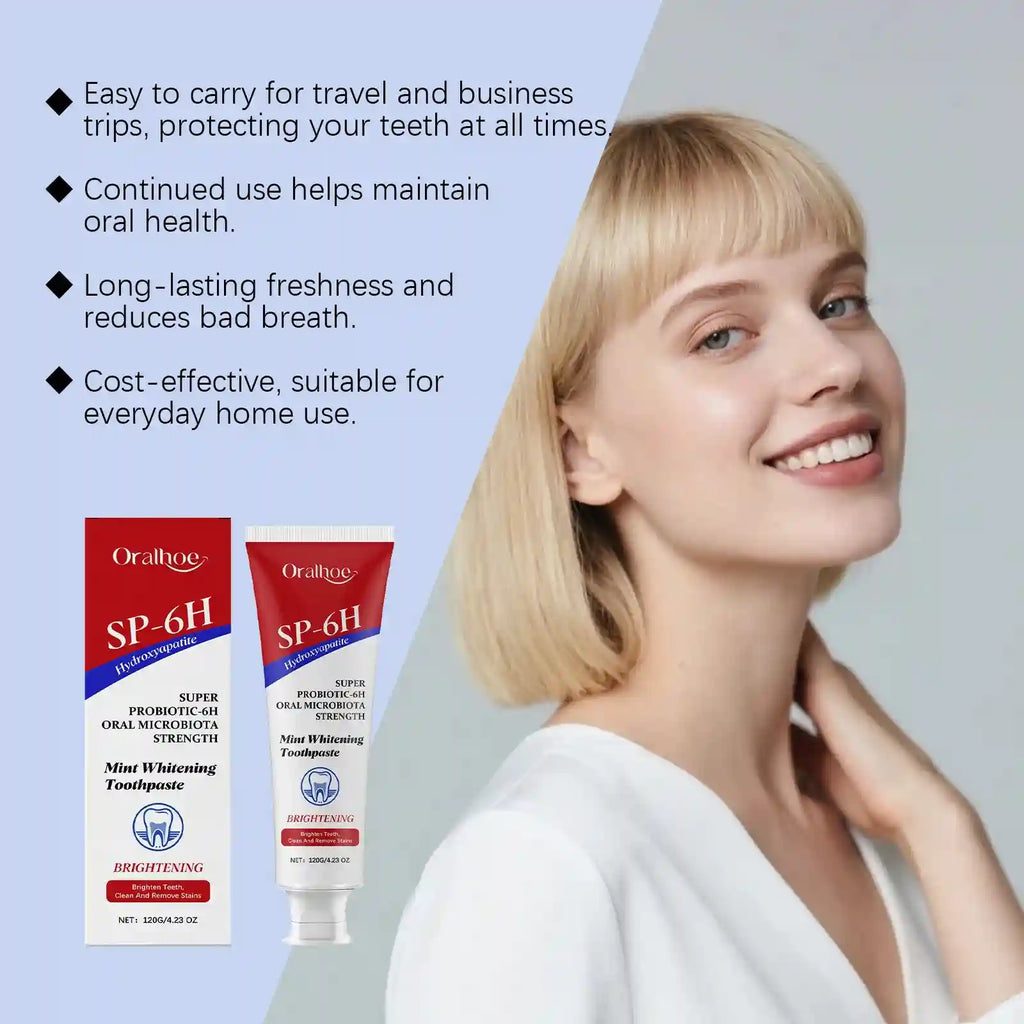 Tidesmit SP-6 Probiotic Whitening Toothpaste for plaque removal, stain brightening, and fresh breath.