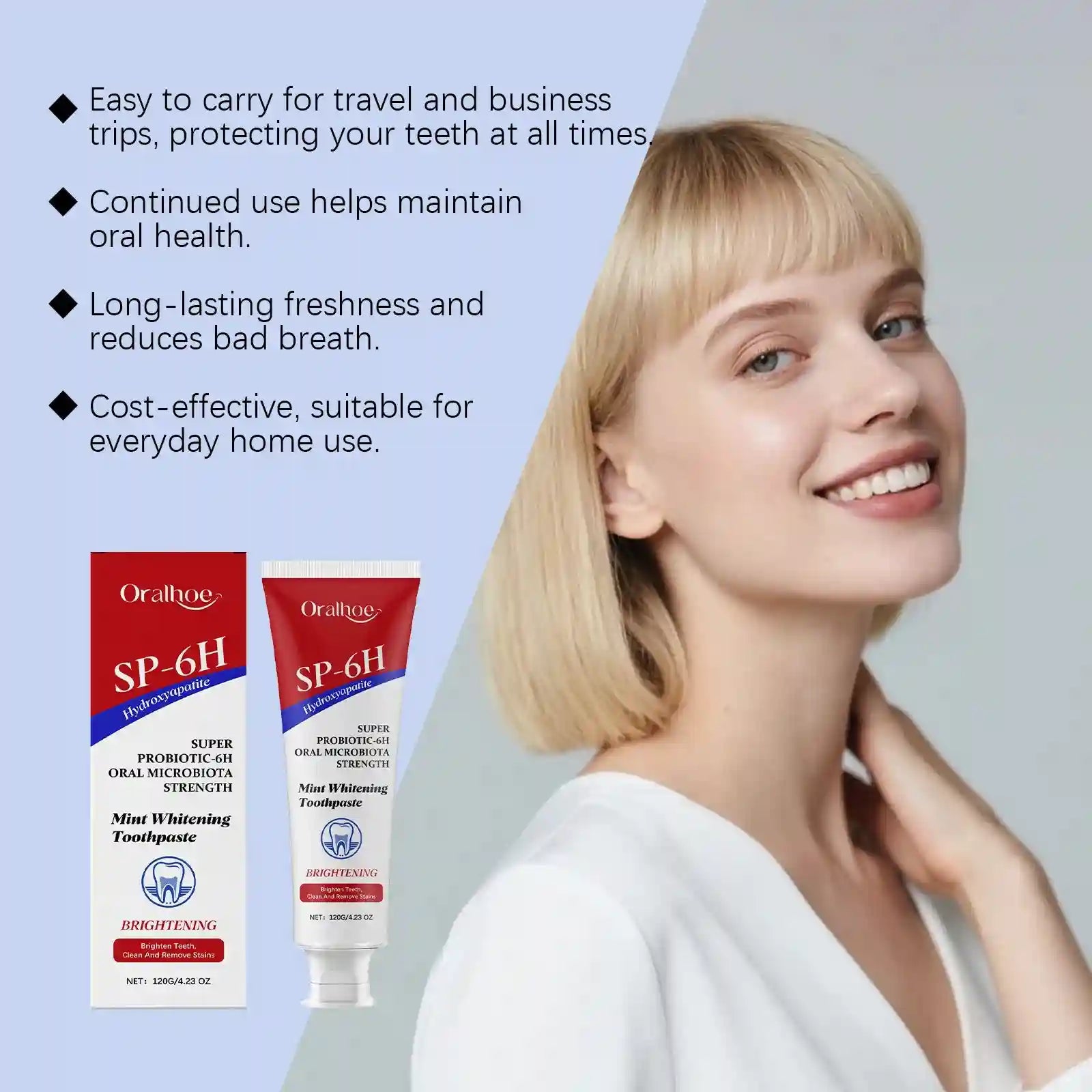Tidesmit SP-6 Probiotic Whitening Toothpaste for plaque removal, stain brightening, and fresh breath.
