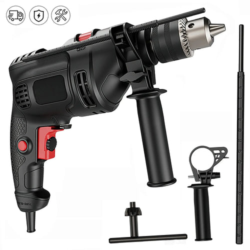 Black cordless electric screwdriver drill with red accents and 13mm keyless chuck