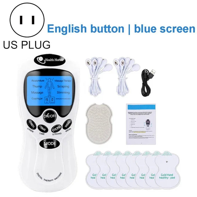 Digital therapy machine with blue LCD screen, white plastic body, electrode wires, USB cable, and adhesive massage pads.