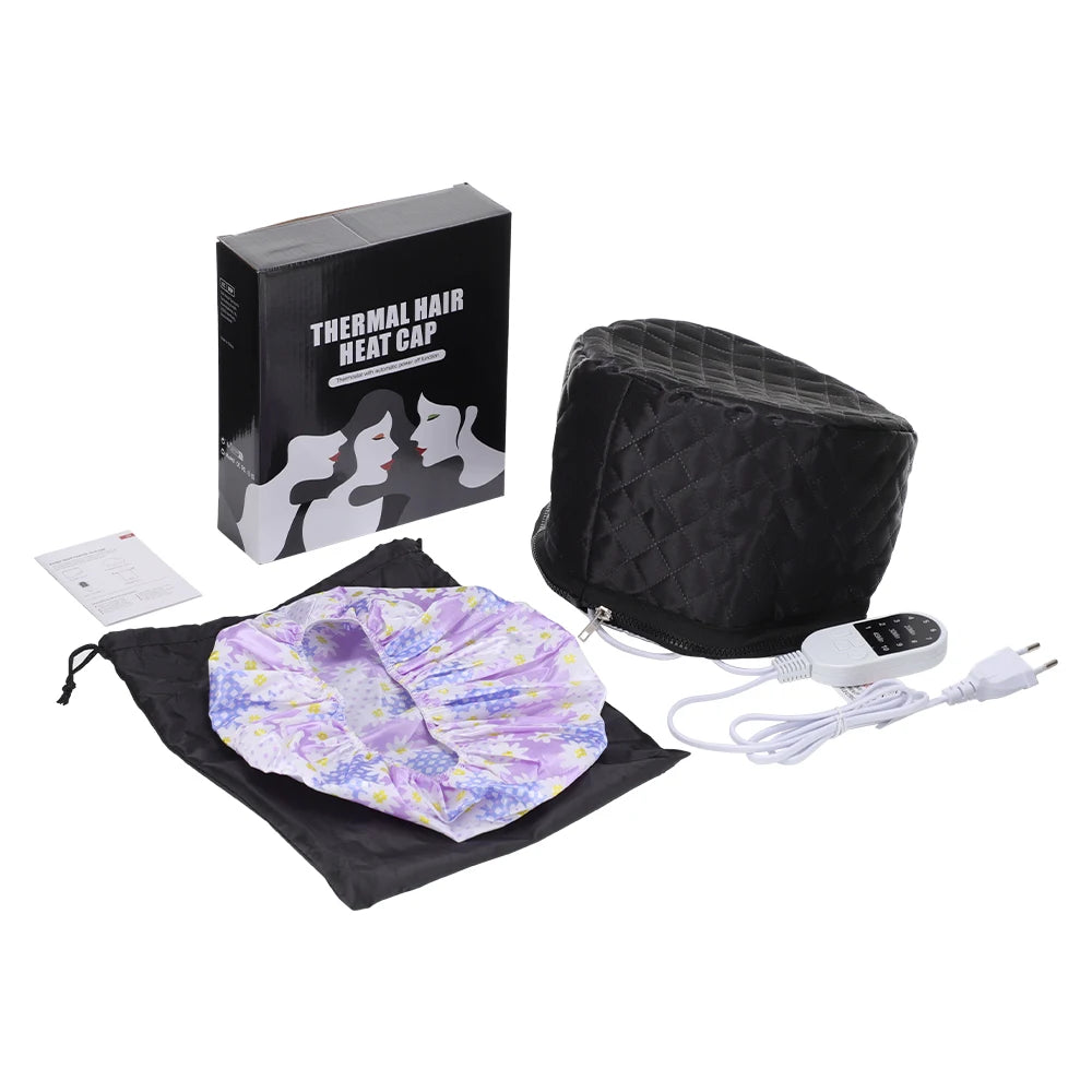 Black quilted electric hair steamer cap with 9-level heat, timer, floral shower cap, and power controller in box.