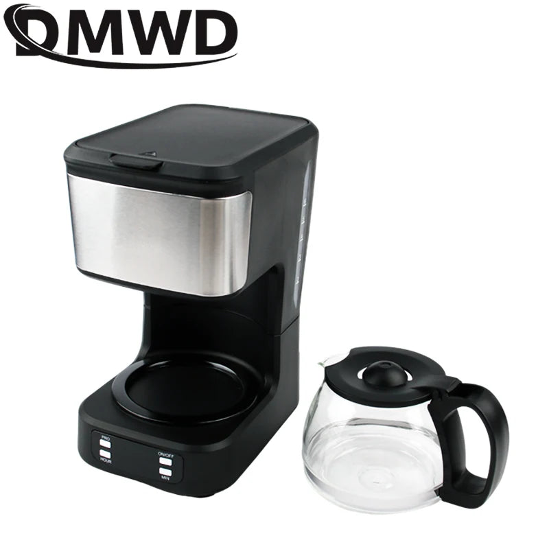 QMWD black and stainless steel drip coffee maker with glass carafe and programmable digital buttons.