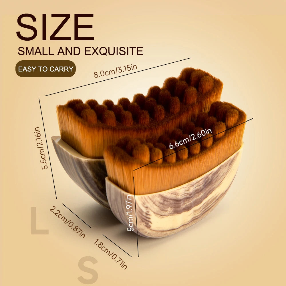 Two portable lymphatic facial brushes with curved brown bristles and marbled beige handles showing size dimensions.