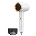 White professional high-speed hair dryer with gold trim, salon-grade power, and concentrator nozzle attachment.