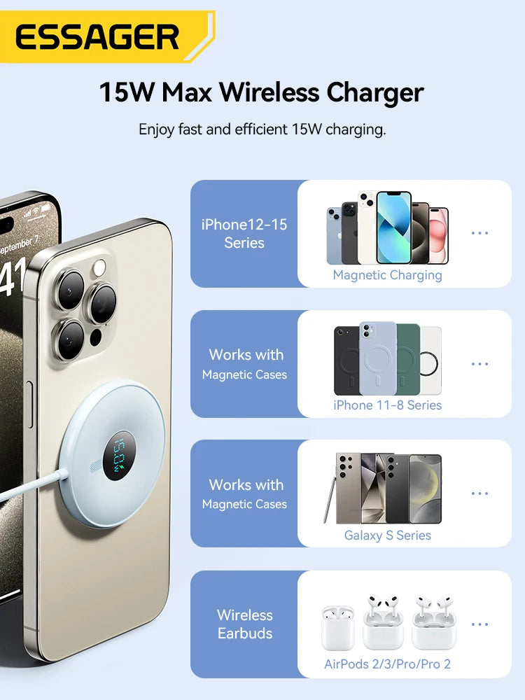 Magnetic Wireless Charger 15W with Digital Display - MagSafe Compatible Tidesmit