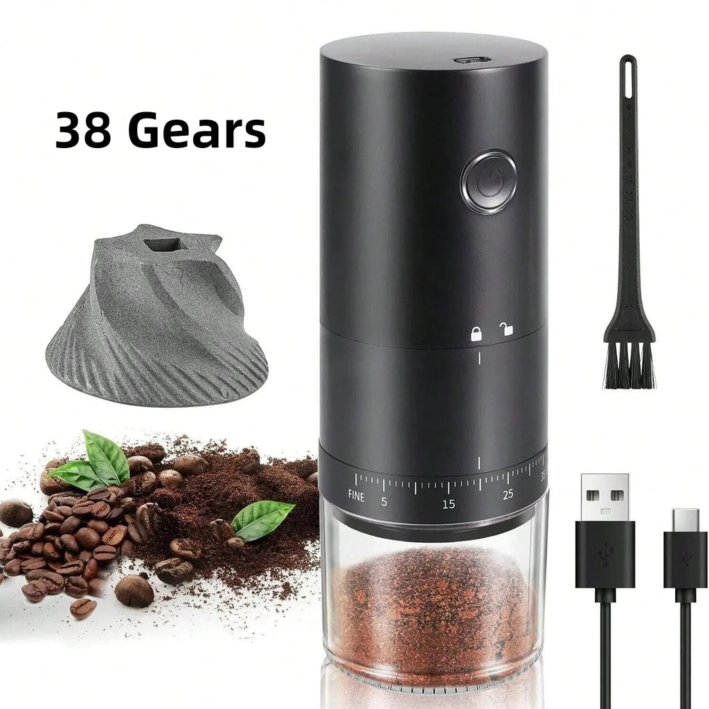 Black electric coffee grinder with 38-gear adjustable burr, clear collection bin, cleaning brush, and USB-C charger.
