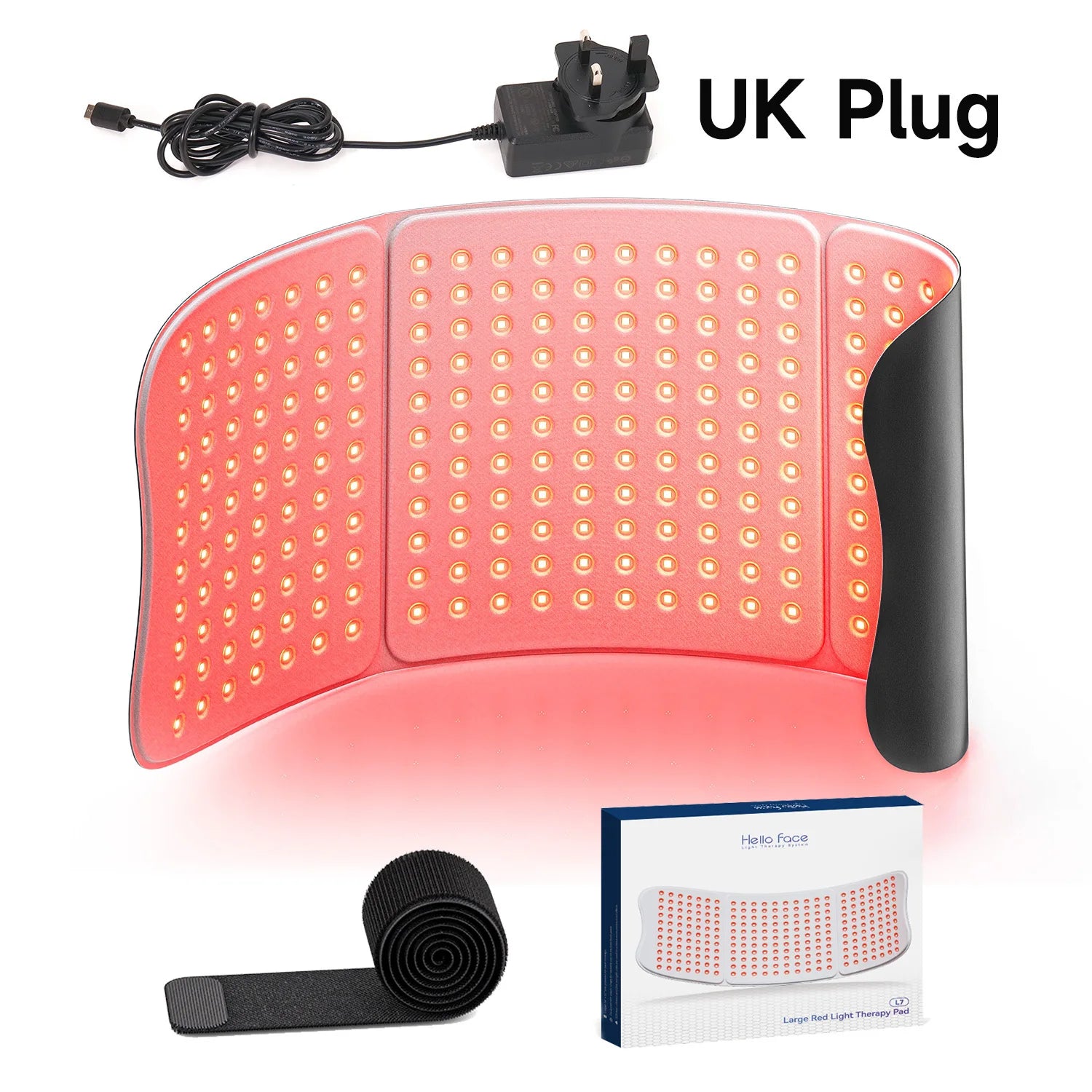 Large red light therapy mat with 792 LEDs, UK power adapter, velcro strap, and packaging box.