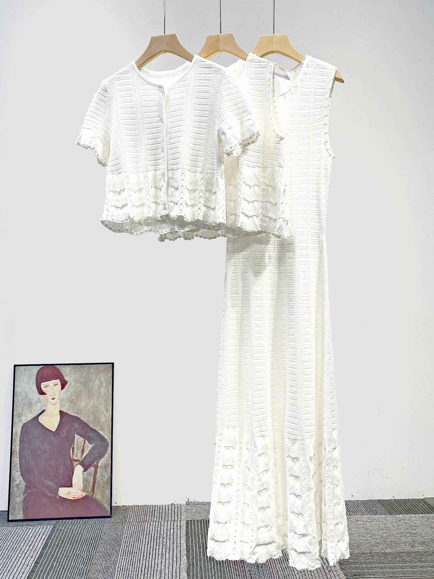 CHUJIE 2025 Summer 3-Piece French Style Set - Knit Maxi Dress + Sleeveless Top + Cover-Up, Pearl & Hollow Out, Viscose+Nylon