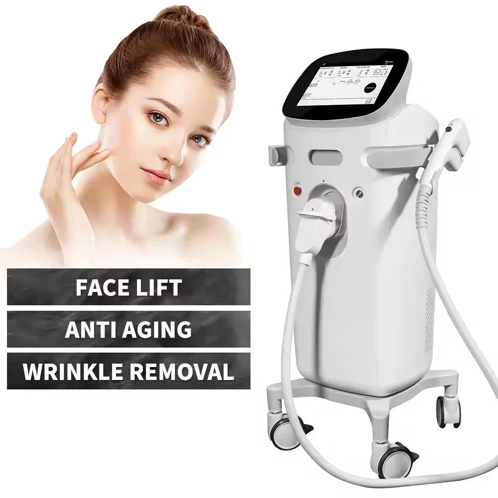 White professional ultrasound skin tightening machine on wheels for facial lifting, anti-aging, and wrinkle removal.