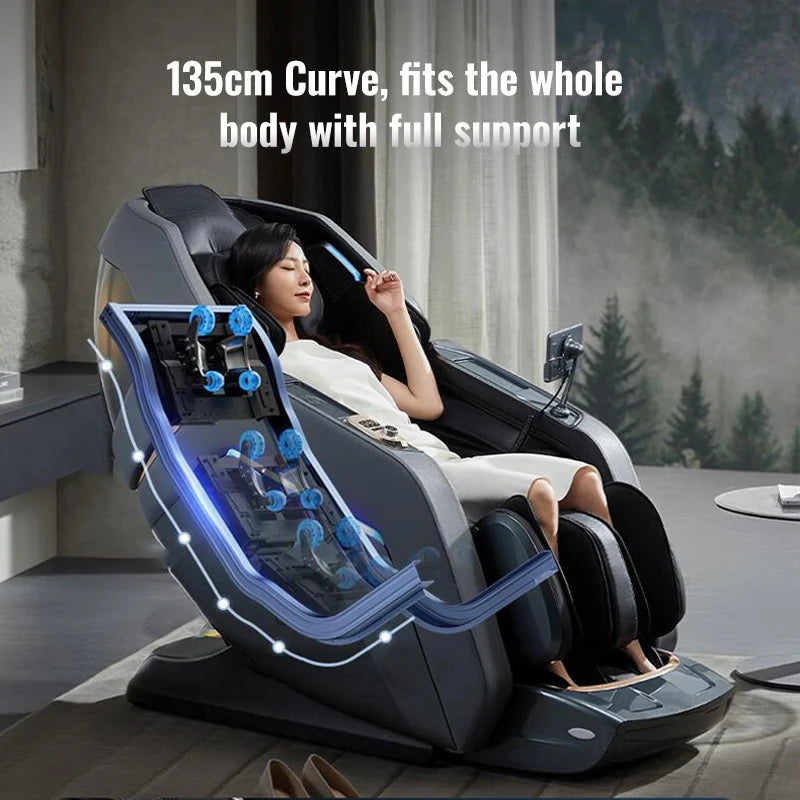 Woman relaxing in a sleek, charcoal grey 4D zero-gravity massage chair with a highlighted 135cm curved roller track.