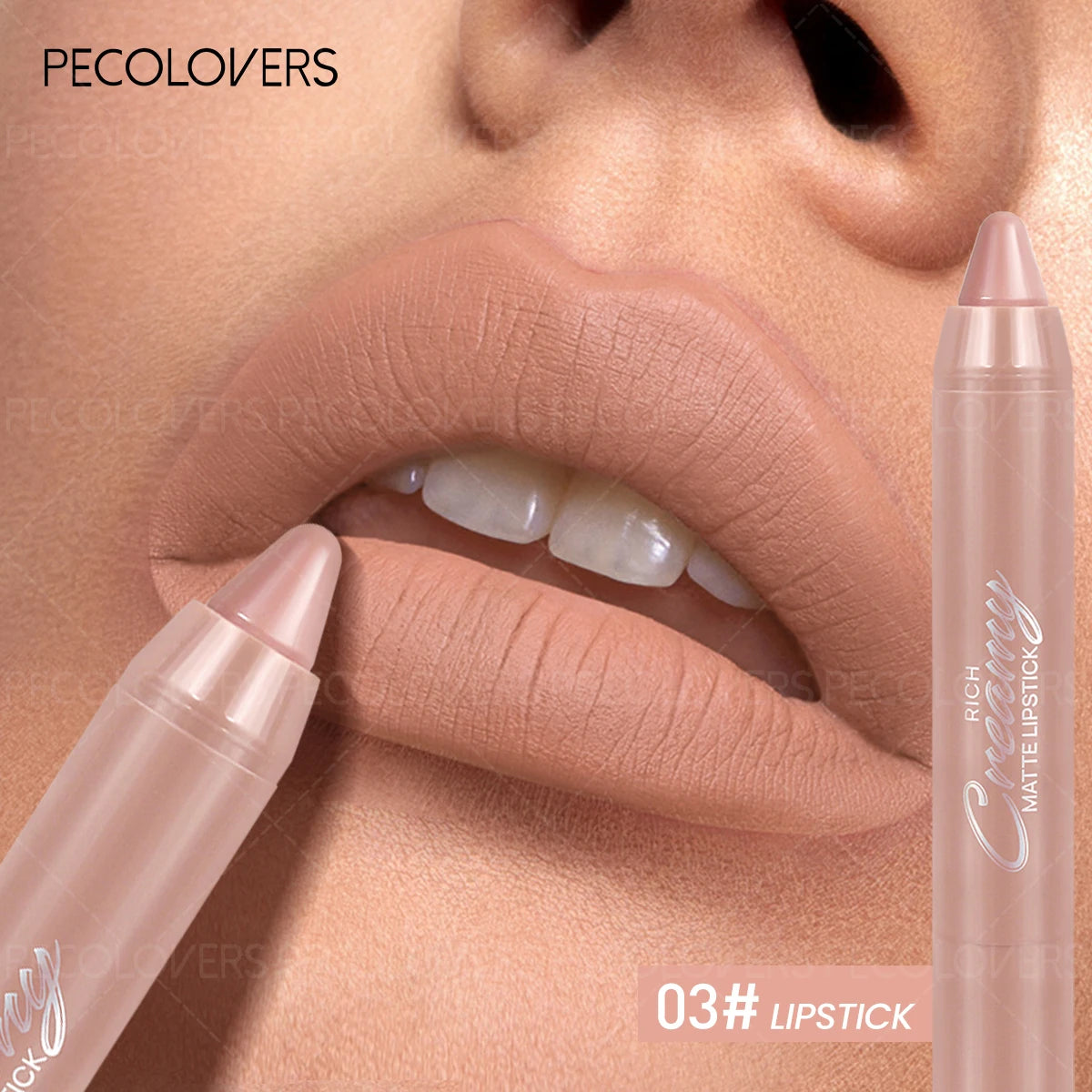 Pecolovers creamy matte lip liner lipstick in nude beige for plump, defined lips with a smooth, non-drying finish.