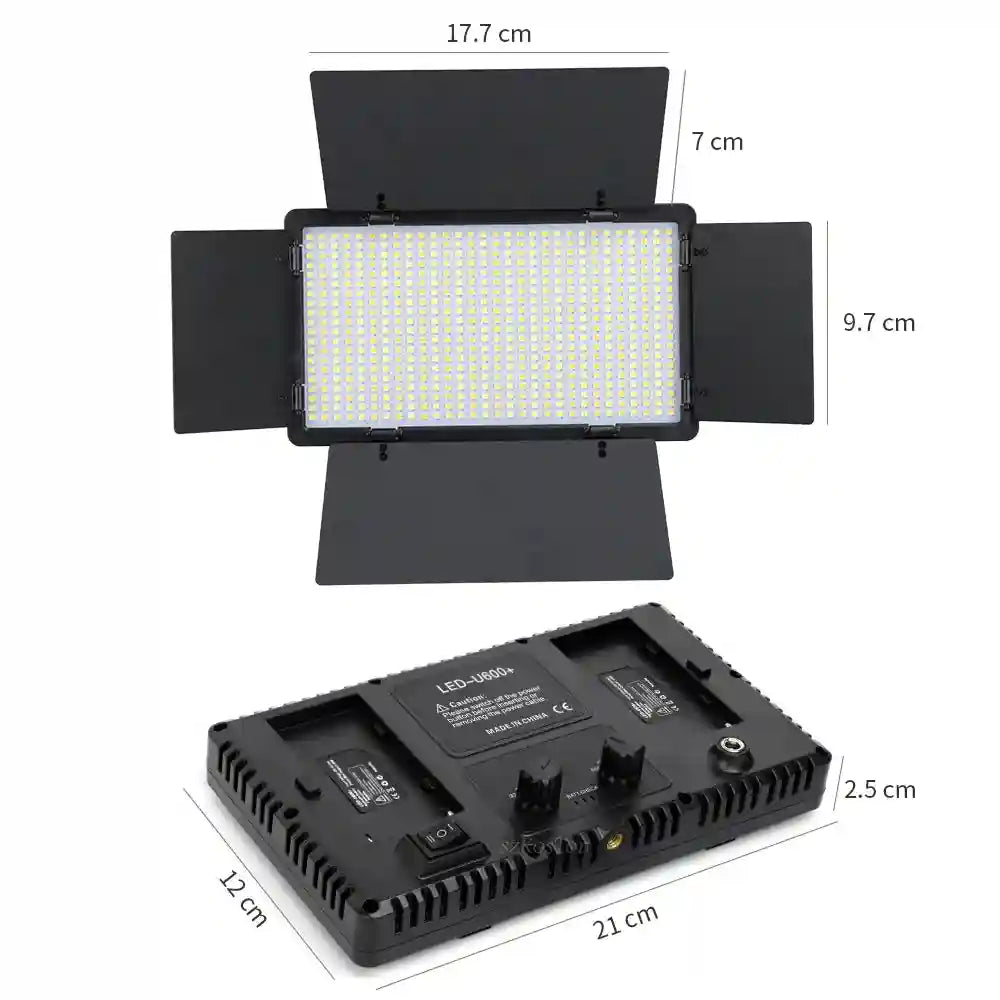 LED-U600+ rectangular video light with adjustable black metal barn doors, control knobs, and labeled dimensions.