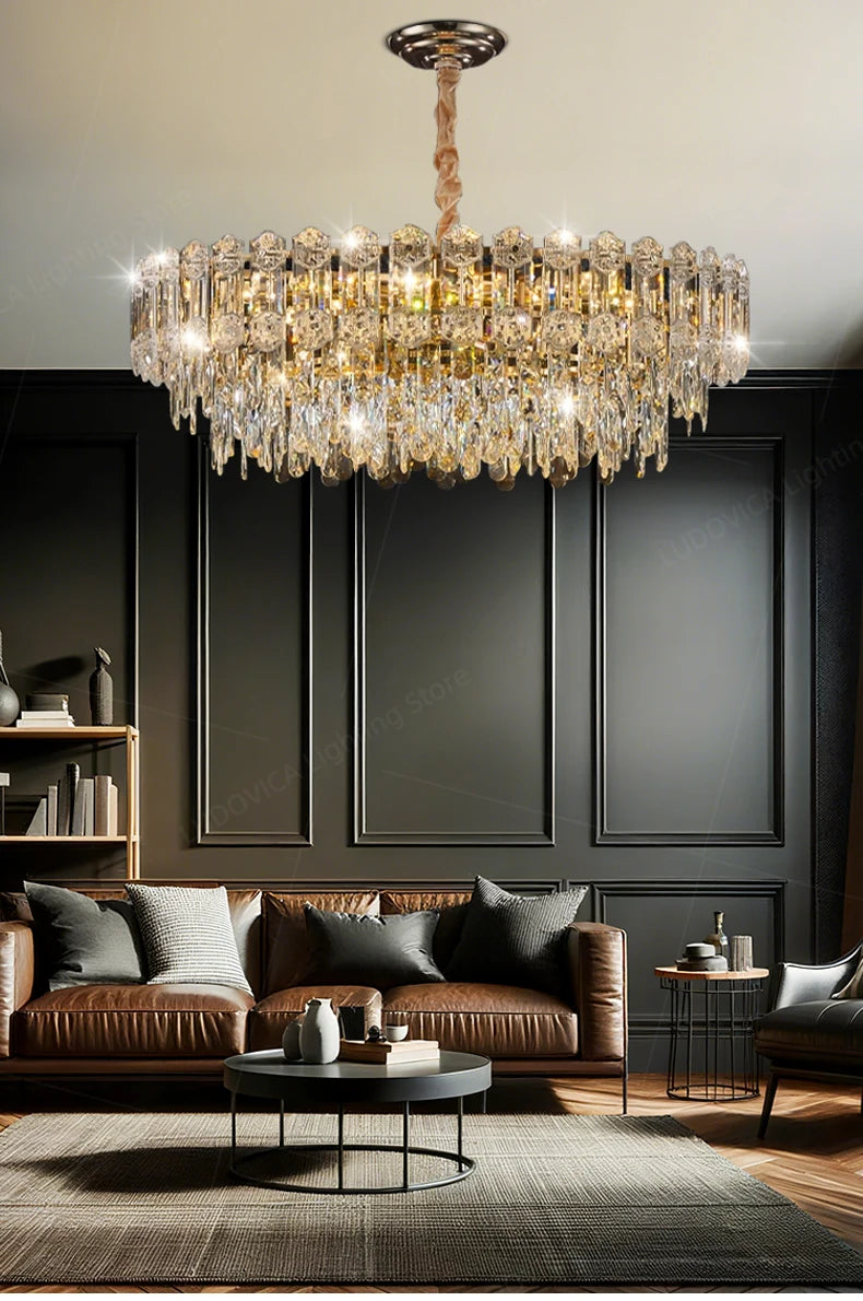 Modern Crystal LED Chandelier for High Ceilings - Adjustable Light Tidesmit