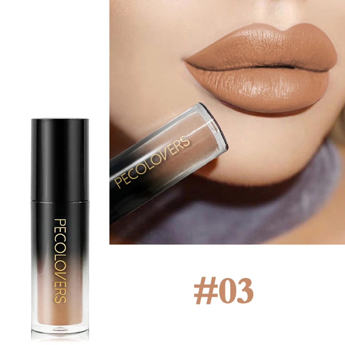 Pecolovers #03 nude velvet liquid lipstick with smooth, long-lasting matte finish on model lips.