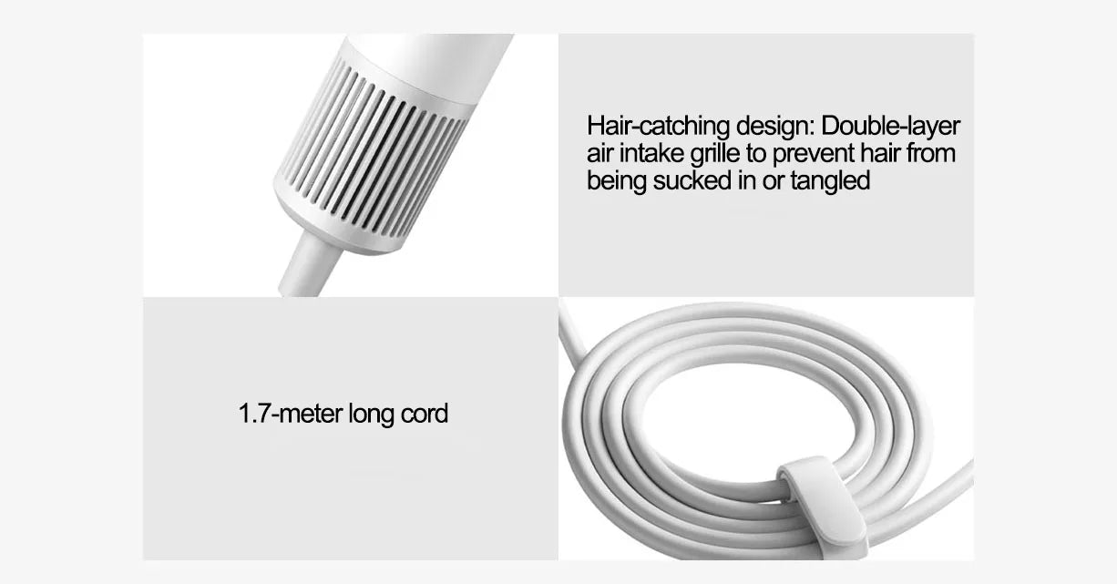 MIJIA H501SE hair dryer: anti-tangle double-layer air intake grille and long 1.7m power cord for professional styling.
